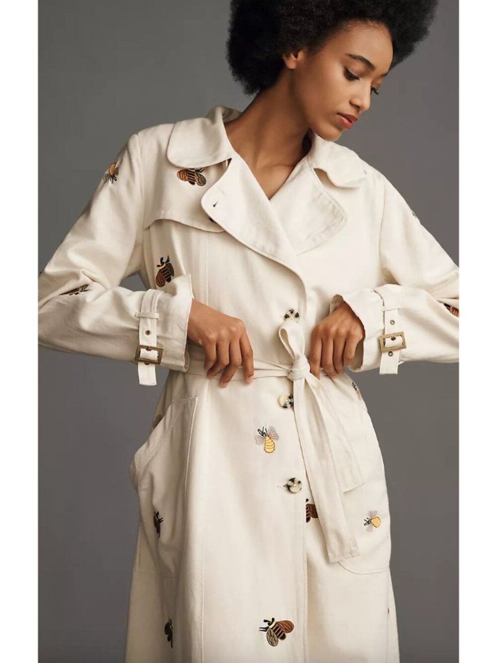 Anthropologie Maeve Embroidered Trench Coat Size Small Honey Bees Embroidered